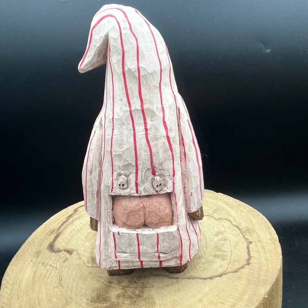 Vintage 1999 Hand Carved Wood Mooning Santa Figurine Folk Art Striped Nightgown - Picture 3 of 7